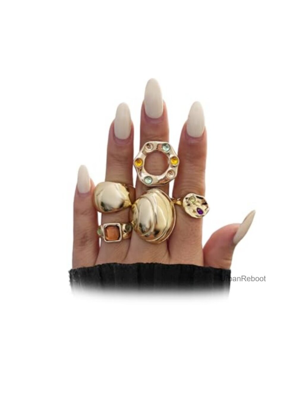 Gold Plated Stackable Rings with Colorful Crystals, Adjustable Boho Ring Set